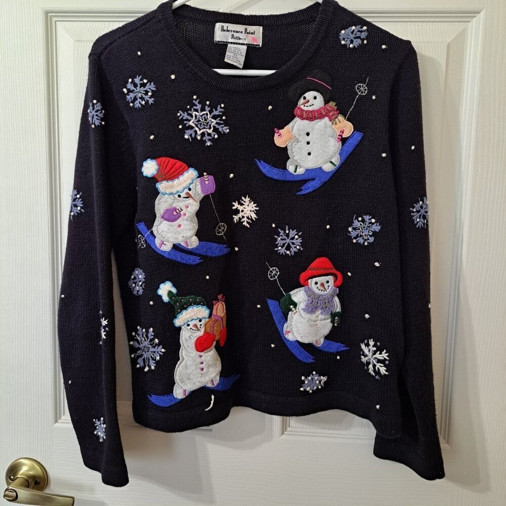 Reference Point Women's PS  Multicolor Pullover Sweater Snowman Embroidery Beads